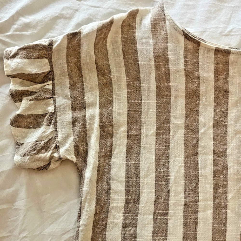Whispers 100% Linen Top Sz L Ruffle Sleeve Taupe Stripe Lagenlook